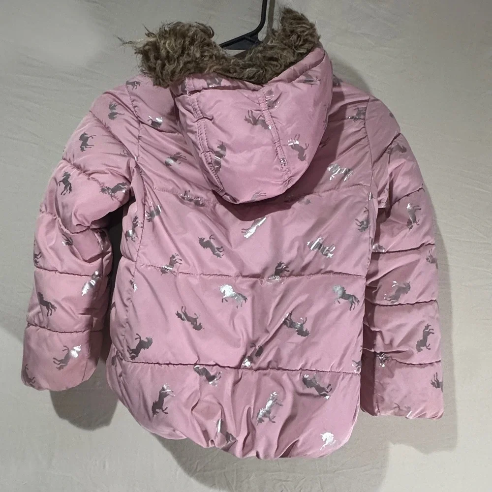 The Childrens Place Puffer Jacket Kids 5/6 Pink Excellent Unicorn Foil Print